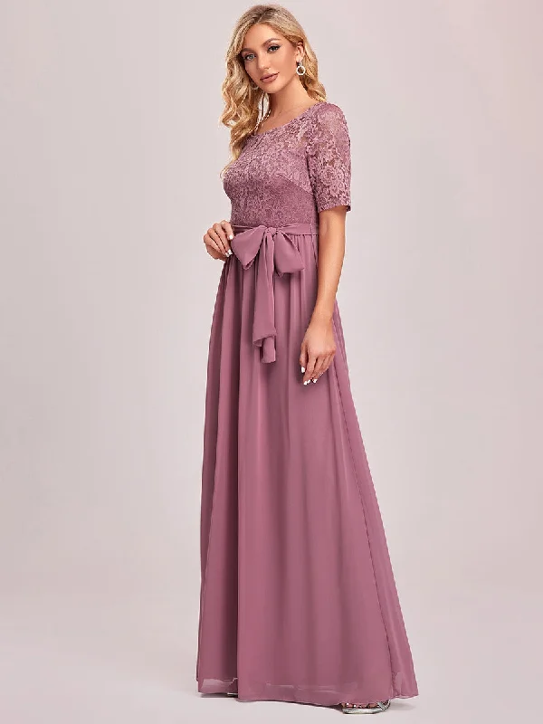 Women's Elegant Lace & Chiffon Wholesale Maxi Evening Dress with Belt