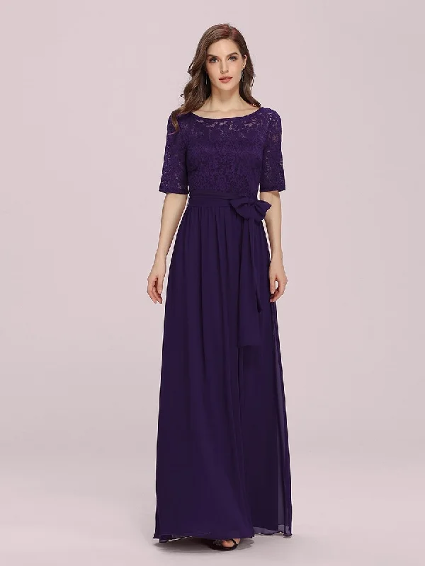 Women's Elegant Lace & Chiffon Wholesale Maxi Evening Dress with Belt