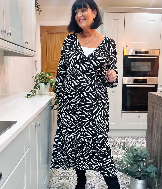 Monochrome Wrap Midi Dress