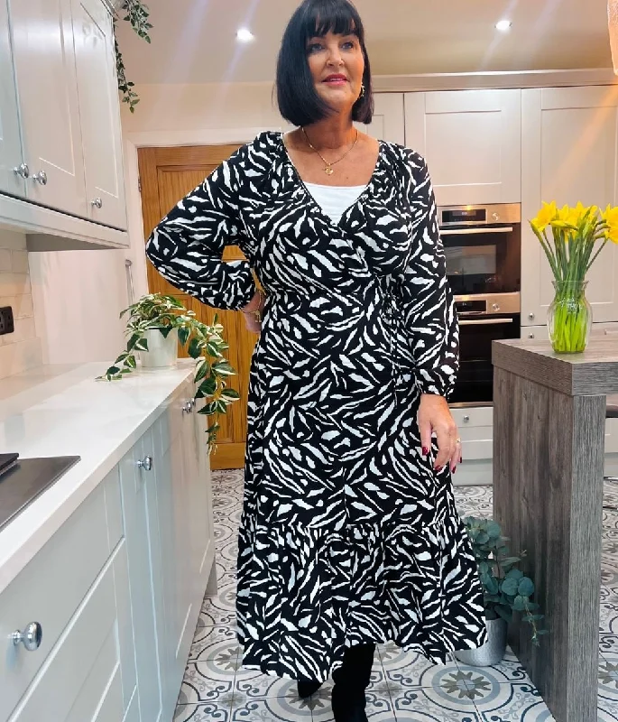 Monochrome Wrap Midi Dress