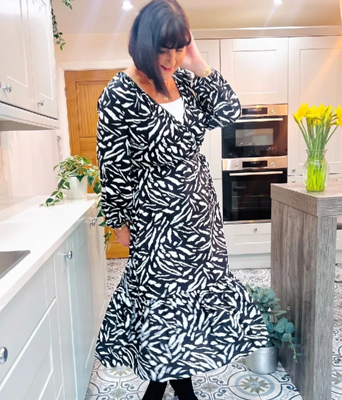 Monochrome Wrap Midi Dress