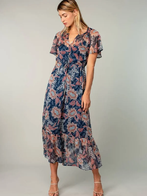 Navy Floral Chiffon Flutter Maxi