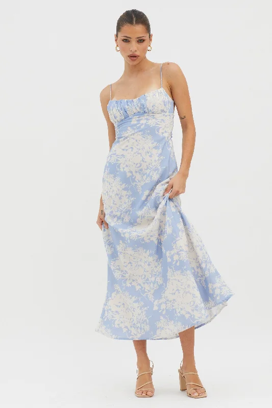 Nerida Twist Back Midi Dress Floral Blue