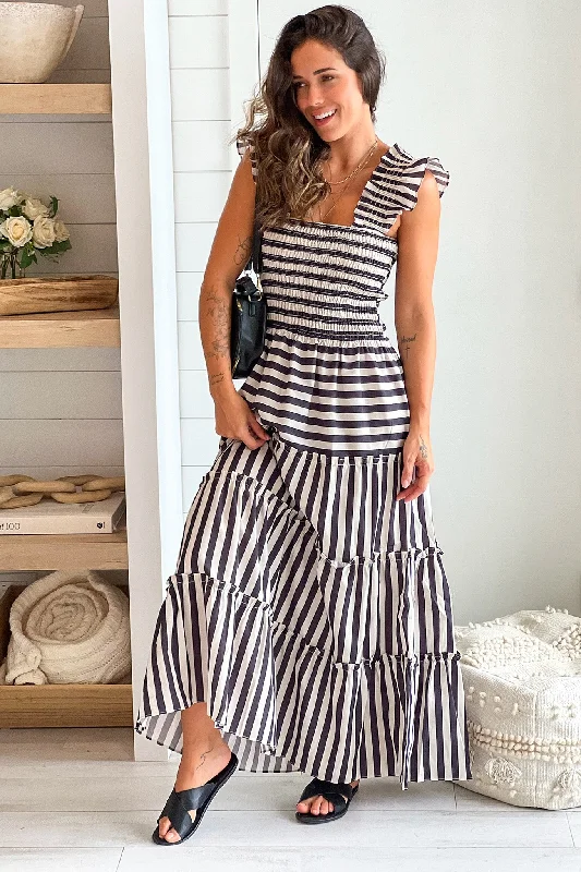 Oatmeal And Black Striped Tiered Dress