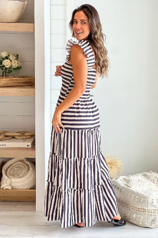 Oatmeal And Black Striped Tiered Dress