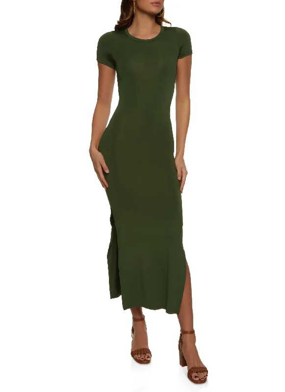 Crew Neck Side Slit Maxi Dress