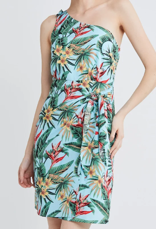 One Shoulder Tropical Vacay Tie Dress