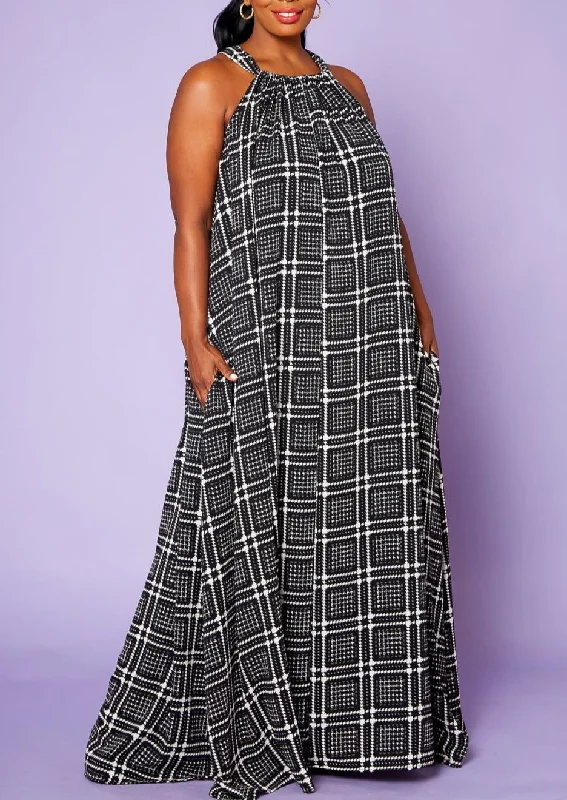 Hi Curvy Plus Size Black Square Flare Maxi Dress with Pockets