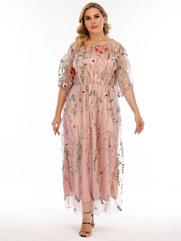 KittenAlarm - Plus Size Mesh Embroidery Party Dress