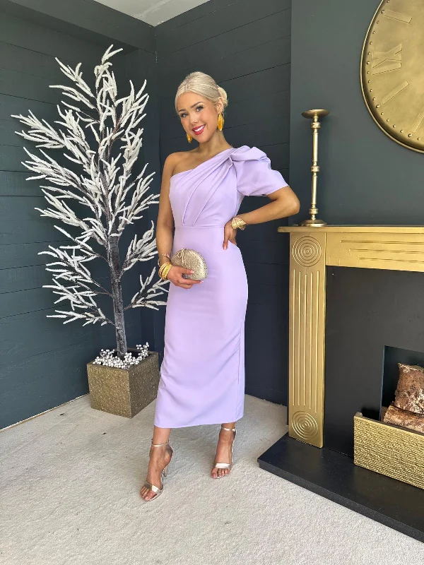 Rachel One Shoulder Occasion Midi Dress Lilac