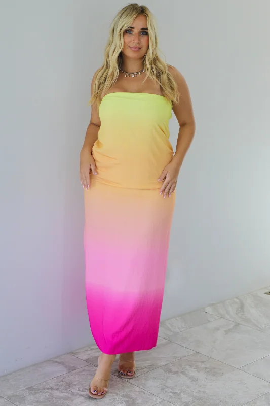 Rainbow Glare Tube Maxi Dress: Yellow/Multi