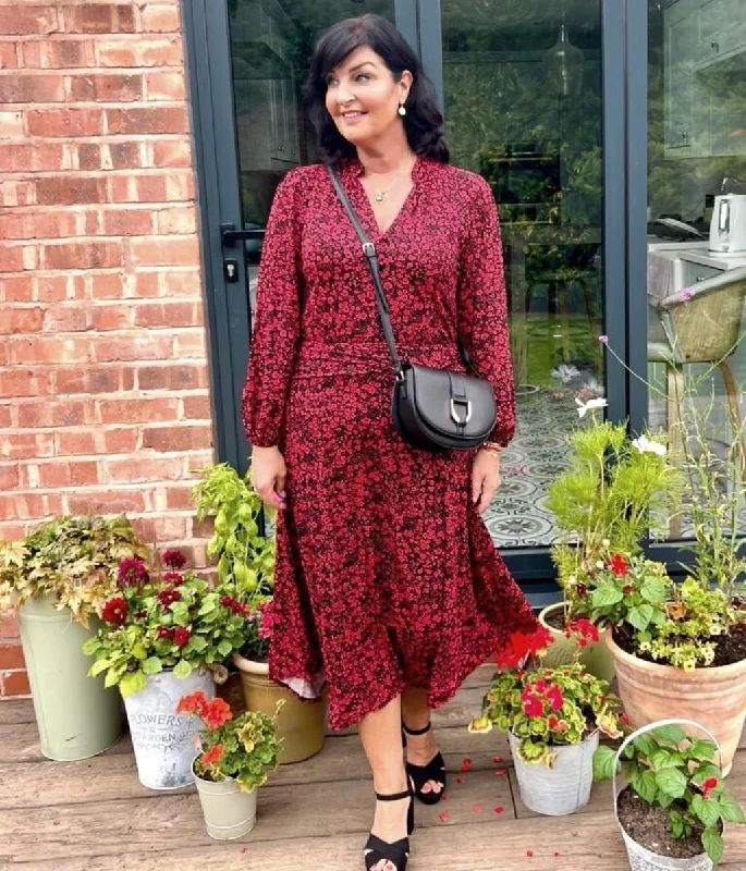 Red Floral Print Pleat Detail Midi Dress