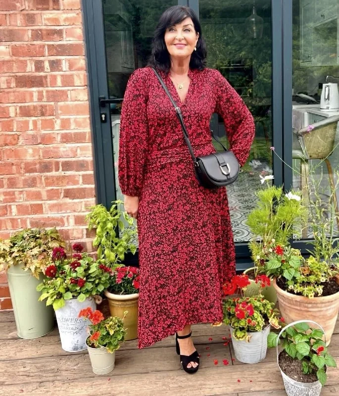 Red Floral Print Pleat Detail Midi Dress