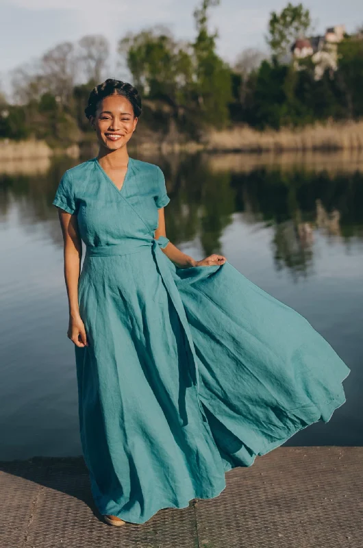 Short Sleeve Linen Maxi Dress with Tie Waist