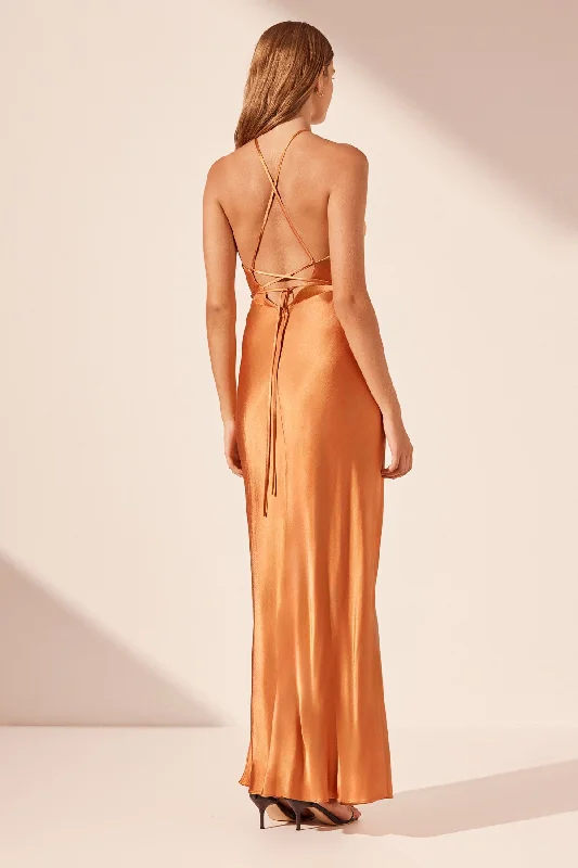 SOFIA CROSS BACK HALTER MAXI DRESS - GINGER