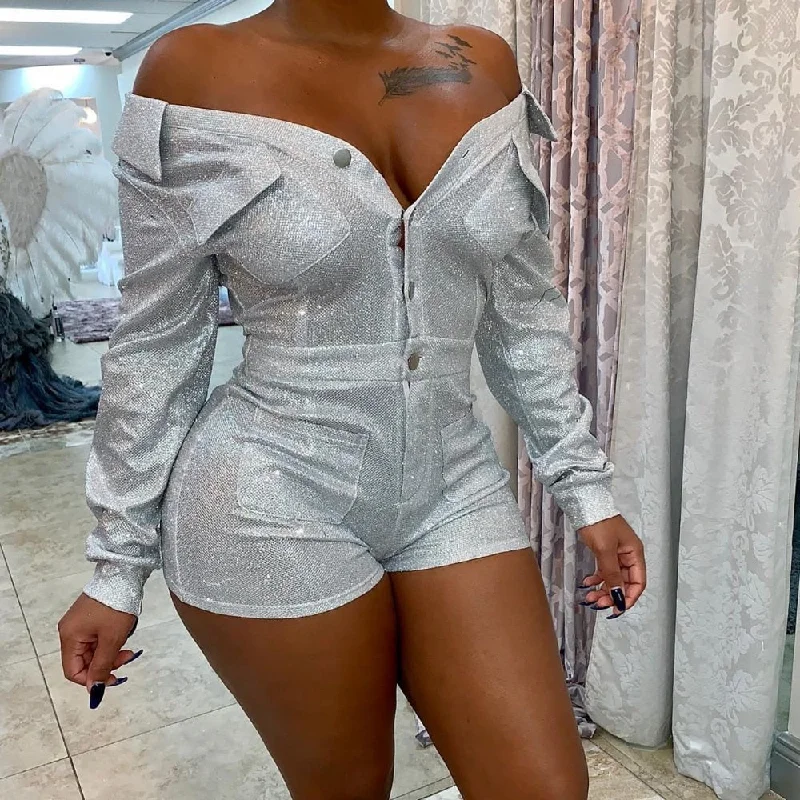 Sparkle Sliver V Neck Full Sleeve Bodycon Romper