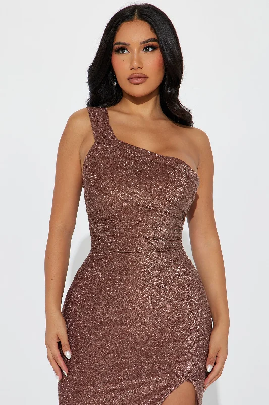 Stella One Shoulder Lurex Maxi Dress - Bronze