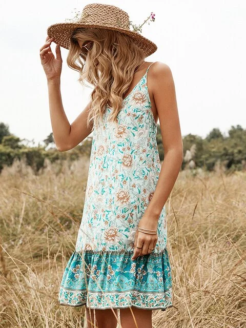 FashionSierra - Floral Strap Backless Ruffle Boho Beach Sundress