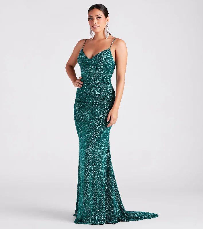 Tamora Formal Glitter Plunge Mermaid Dress