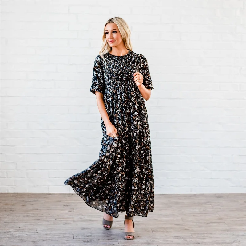 The Bella Smocked Maxi Dress: Black