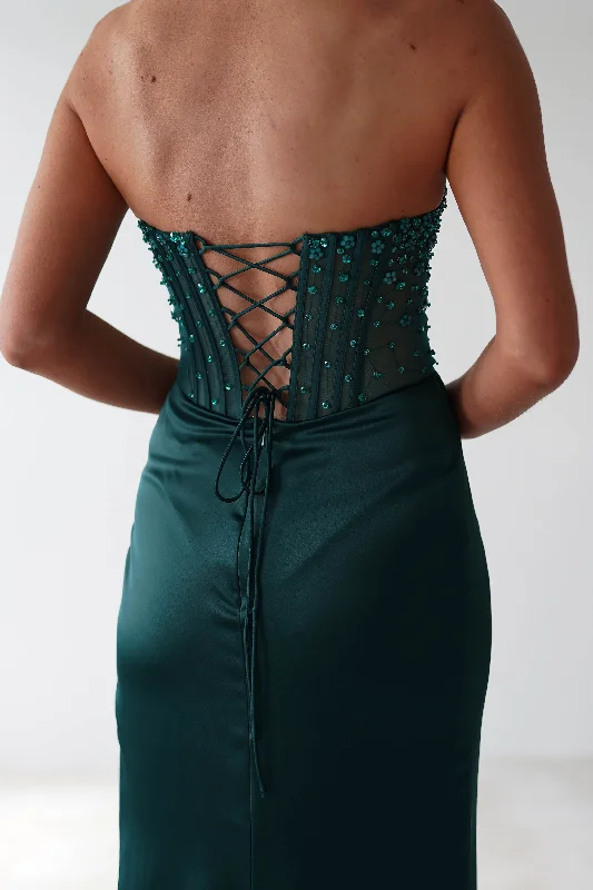 Theodora Strapless Embellished Gown | Dark Green