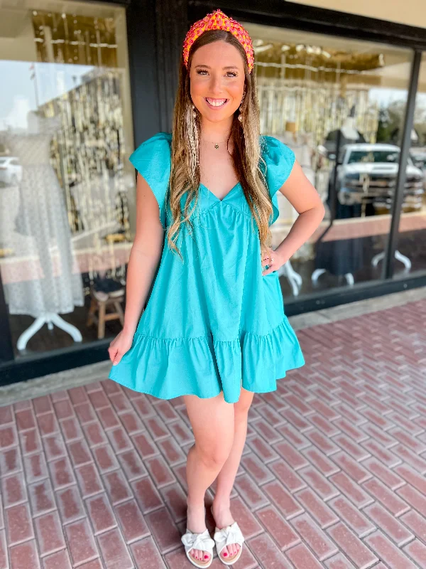 Turquoise Ruffle Sleeve Babydoll Dress