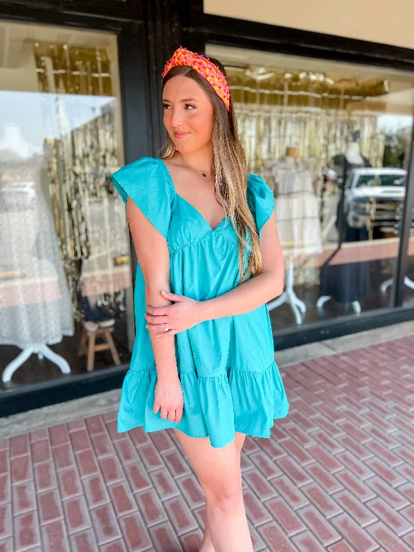 Turquoise Ruffle Sleeve Babydoll Dress