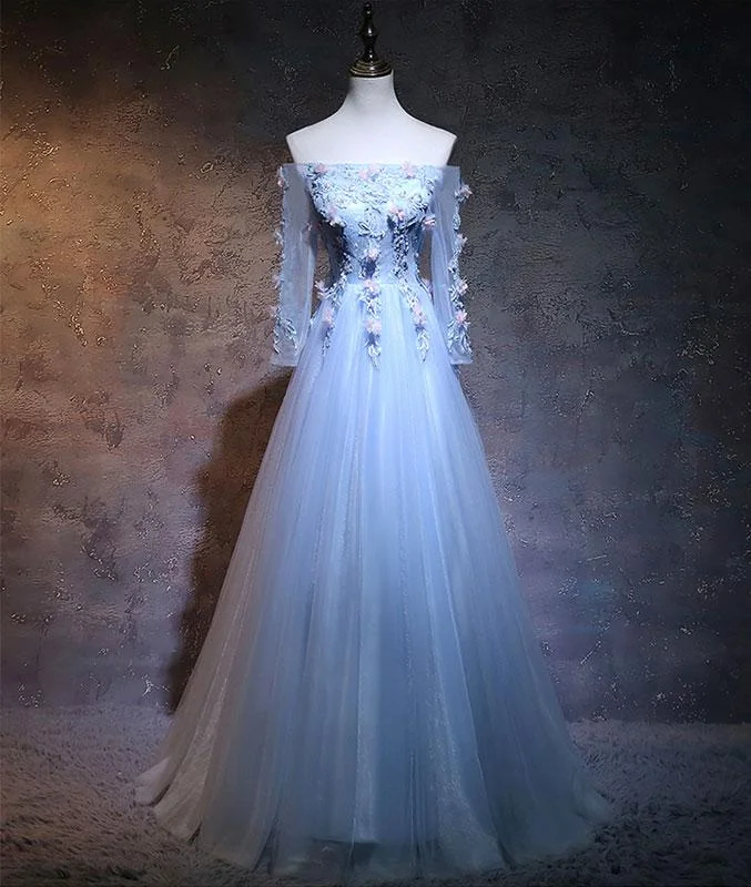 Unique tulle lace applique long prom dress, blue evening dress M4851