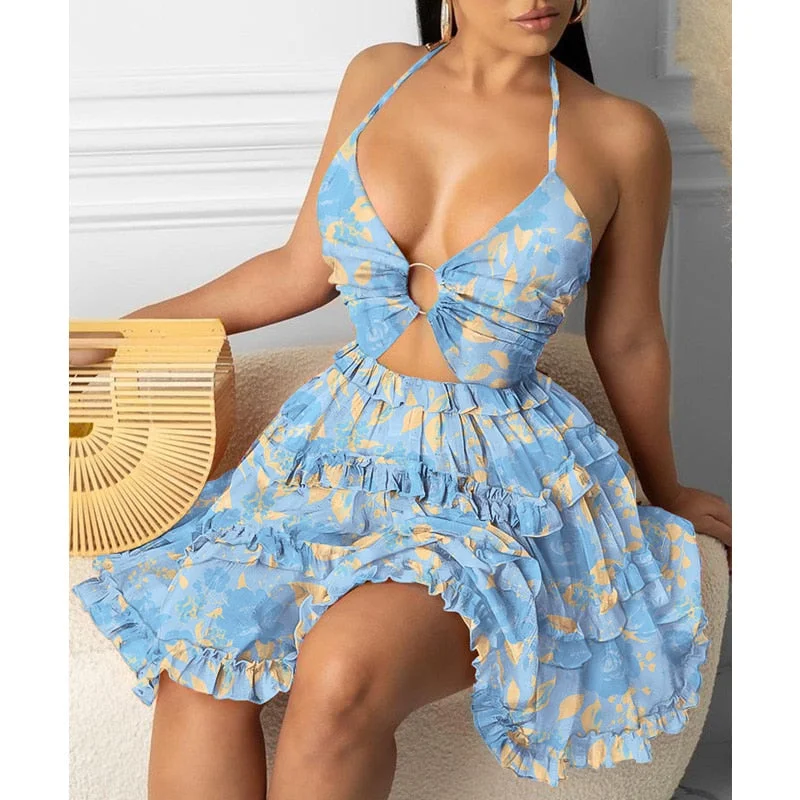 Floral Print O-ring Cut-out Backless Mini Dress