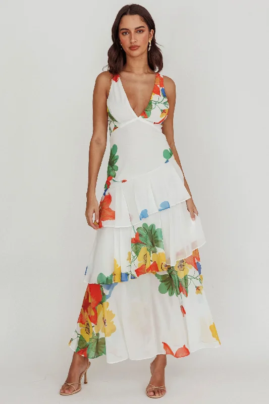 Veda Strappy Back Ruffle Maxi Dress White