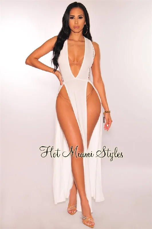 White Crochet Double Slit Cover Up Maxi Dress