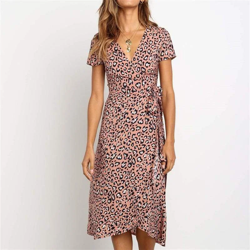 FashionSierra - Women Boho Summer Short Sleeve High Waist Midi Dress Fashion Floral V-Neck Casual Party Beach Sundress Holiday