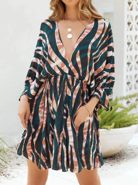 Stripe Print V-Neck Belted Long Sleeve Dress