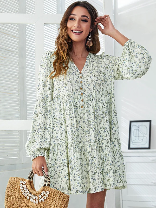 V-Neck Floral Printed Long Sleeve Button Casual Loose Mini Dress