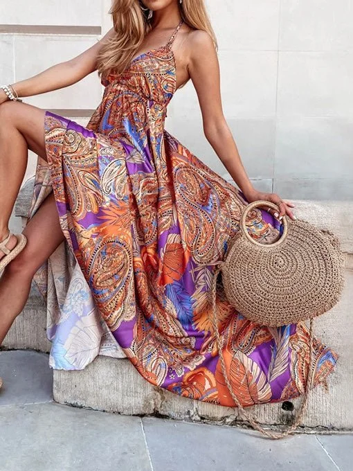 Elegant Vintage Print Swing Dress with V-Neck Sling