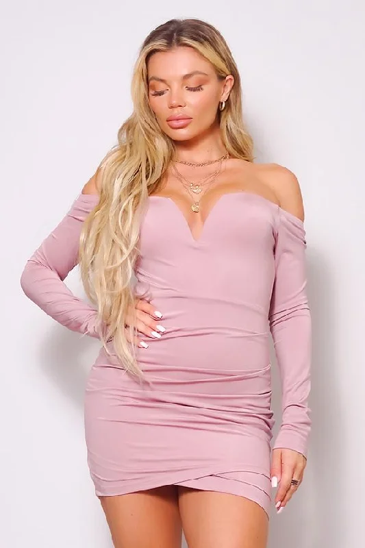 Zaria, Long sleeve off shoulder V front gathered bodycon dress