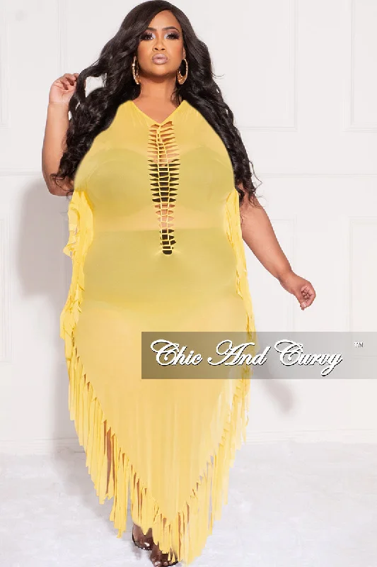 Final Sale Plus Size Mesh Cover-Up Dress with Cutout Front and Fringe Trim in Yellow