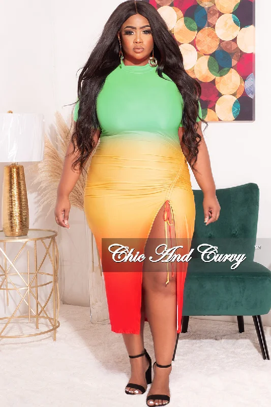 Final Sale Plus Size Dress with High Slit in Green, Yellow, and Red