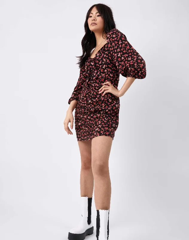 Sweetheart Tie Neck Mini Dress in Black Pink Floral | Annie