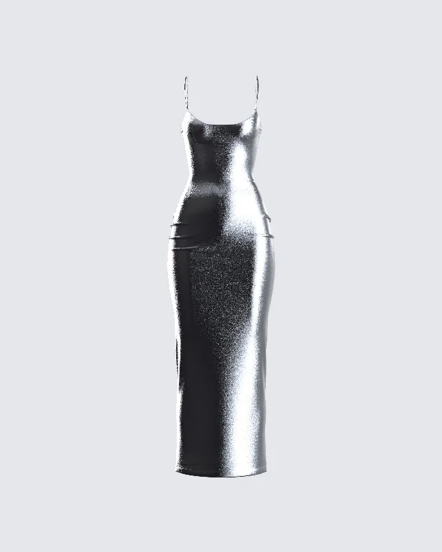 Aurra Metallic Gunmetal Midi Dress