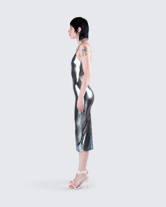 Aurra Metallic Gunmetal Midi Dress