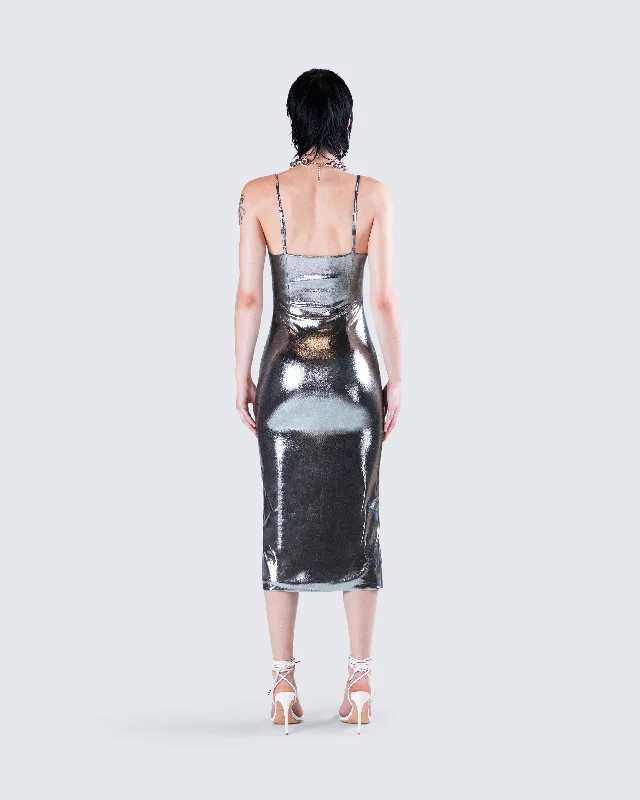 Aurra Metallic Gunmetal Midi Dress