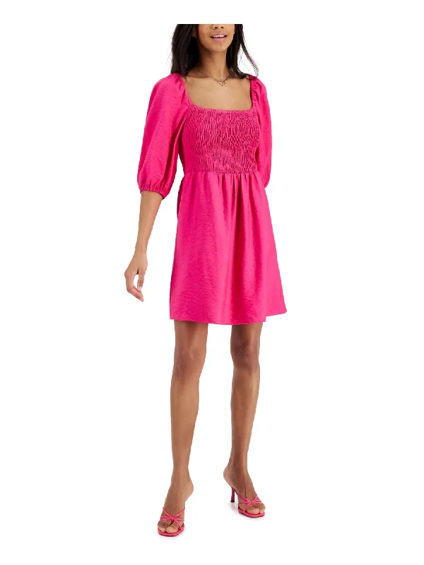 Bar III Women's Puff Sleeve Smocked Dress Pink Size Small