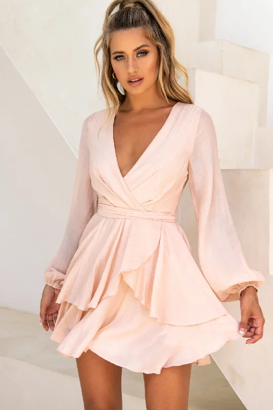 Believe Me Long Sleeve Surplice Neckline Dress Beige