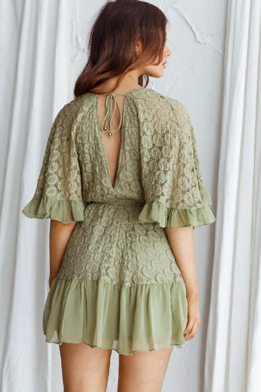 Clover Embroidered Surplice Neckline Dress Avocado