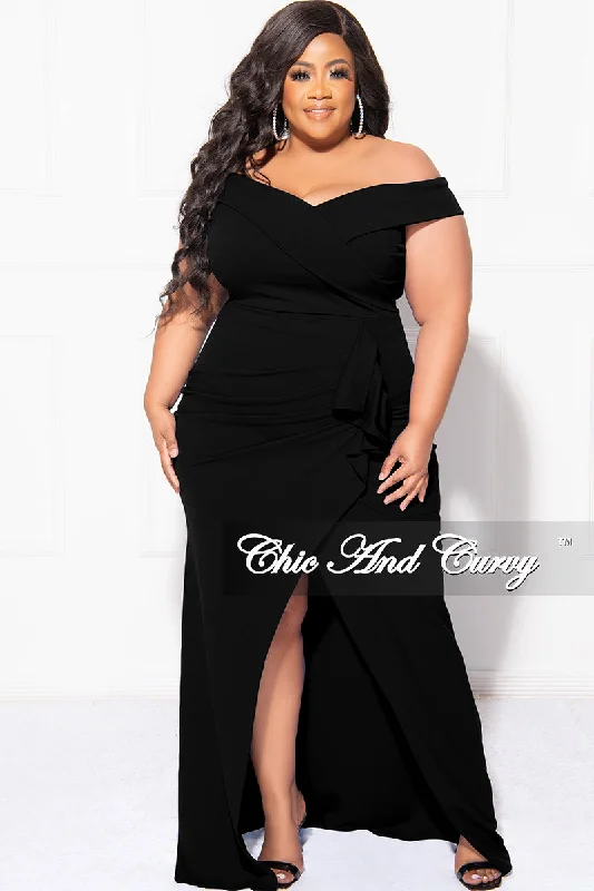 Final Sale Plus Size Off the Shoulder Gown with Front Slit and Side Ruffle in Black