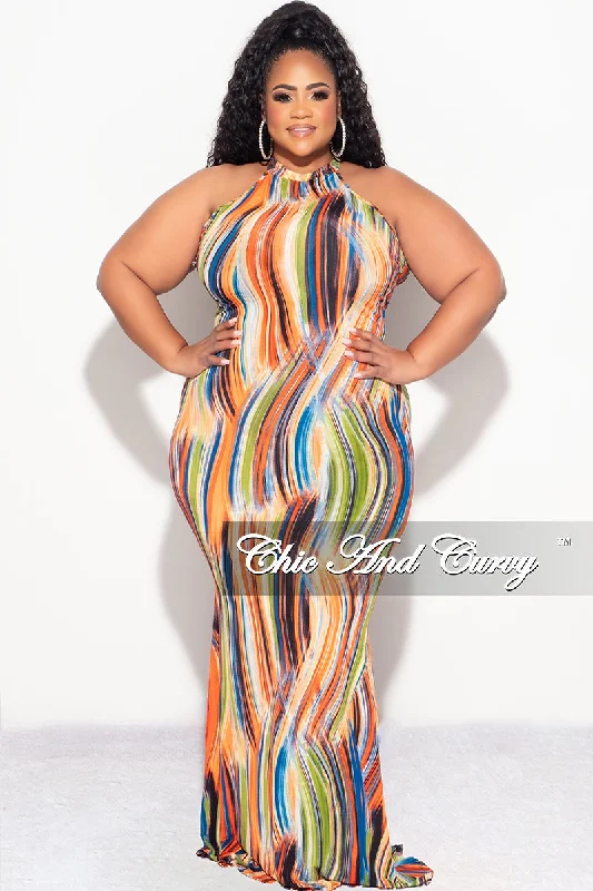 Final Sale Plus Size Halter Neck Sleeveless Mermaid Dress In Multi Color