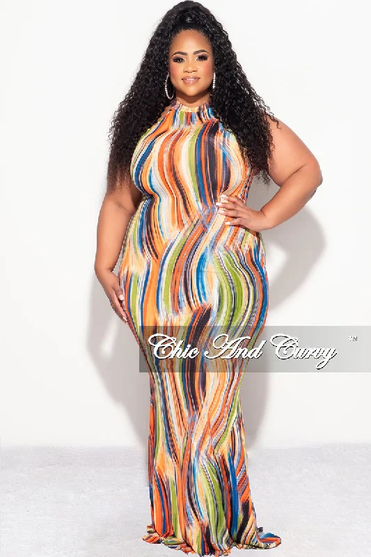 Final Sale Plus Size Halter Neck Sleeveless Mermaid Dress In Multi Color