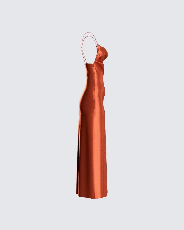 El Orange Satin Midi Dress