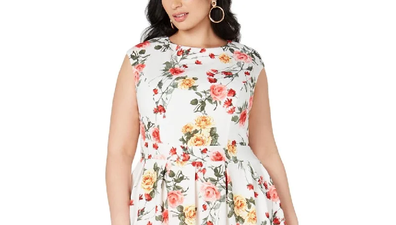 Emerald Sundae Women's Floral Cap Sleeve Crew Neck Knee Length Fit Flare Dress White Size 2X